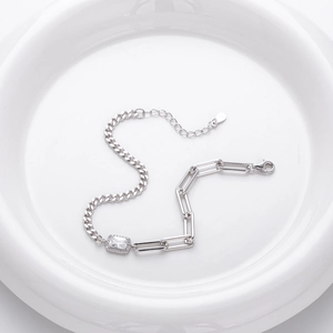 S925 sterling silver bracelet with square zircon on cuban and paperclip link chain