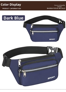 Detail of blue waterproof waist bag featuring three zip pockets and adjustable strap