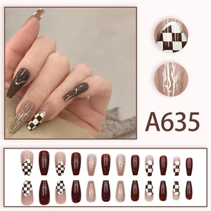 Brown and white checkerboard long coffin press-on nails set with gold textured accents