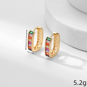 U-shaped gold earrings detail with colorful baguette zircon stones and size specs