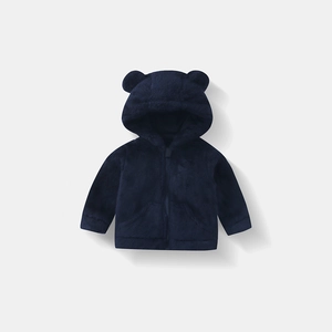 Detail of navy blue fleece baby hoodie featuring cute bear ears and durable resin zipper