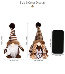 Size display of coffee themed gnome plush with height and width measurements in inches