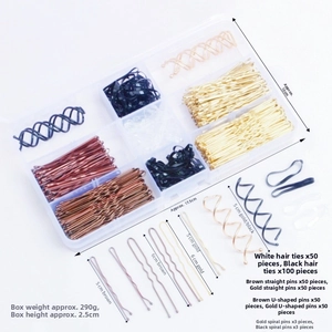 Hair accessories set with bobby pins and elastic bands in a transparent plastic organizer