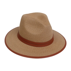 Detailed view of the khaki straw fedora with brown leather band and bound edge