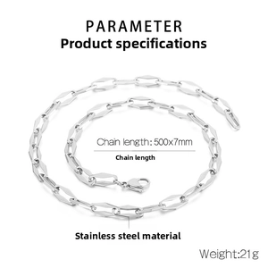 Detailed view of silver stainless steel geometric rectangular link chain with lobster clasp