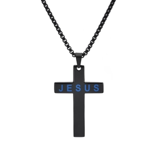 Pendentif croix lumineux en acier noir avec texte Jesus bleu et chaîne vénitienne