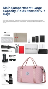 Pink quilted travel bag with large capacity for 5-7 days trip and laptop compartment