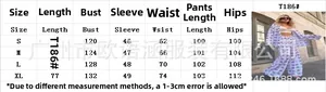 Detailed size chart for women's printed long sleeve top and high waist pants set