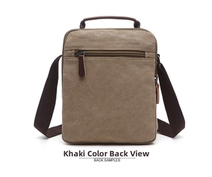 Back view of khaki canvas messenger bag showing zipper pocket and handle