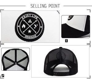 Detail collage of bicolor mesh baseball cap showing embroidery, interior and snap closure