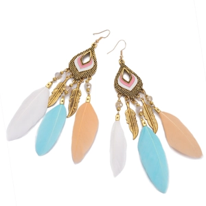 Bohemian dangle earrings with metal water-drop charms and soft multicolor feathers