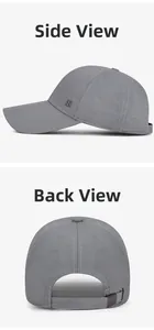 Detail view of dark grey baseball cap with metal R logo and adjustable metal buckle