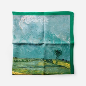 Detail of 53cm silk scarf featuring Van Gogh Wheat Field with Cypresses art pattern