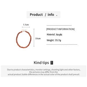 Detailed spec sheet showing acrylic bead necklace weight 35.7g and length 51cm measurements