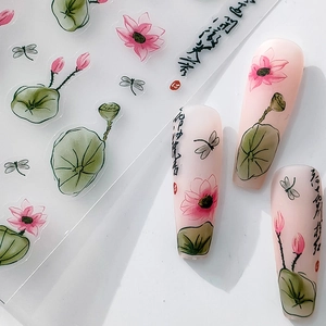 5D Lotus flower nail art stickers with traditional Chinese ink painting and dragonfly motifs