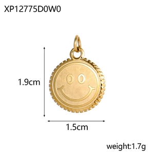 Detailed size view of a polished gold smiley face pendant with dimensions and weight