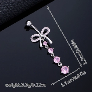 Silver bow belly ring with pink zircon tassel drop showing dimensions of 5.3cm x 1.7cm