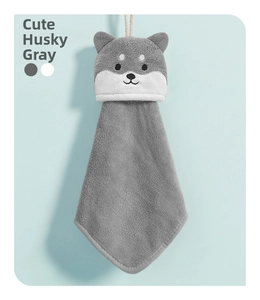 Hanging husky coral velvet hand towel in grey with soft microfiber texture and top loop
