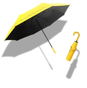 Detail of yellow umbrella with musical notes pattern and black sun-protection coating