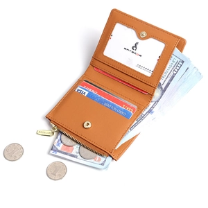 Slim brown lychee texture leather bifold wallet with card slots and coin pocket for women