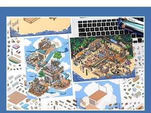 Macro view of 2.5D isometric scenery stickers for journal decoration and planning