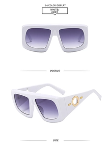 Front and side view of white square sunglasses with gradient lenses and gold temple detail