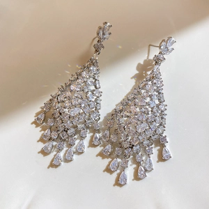 Elegant silver zircon tassel earrings with crystal water drop pendants for weddings