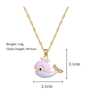Detailed view of pink and white whale pendant necklace with cubic zirconia and dimensions