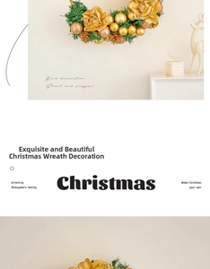 Detail of golden Christmas wreath with pine cones and artificial flowers on wall