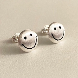S925 sterling silver smiley face stud earrings with brushed texture for women