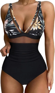 Detail of high waisted swimsuit featuring mesh splicing and tropical floral patterns