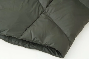 Detailed view of olive green quilted fabric and fine stitching on the hooded jacket