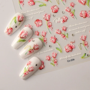3D embossed pink tulip nail stickers with gold edges and floral art decals