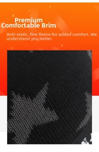 Detalle del gorro de punto negro con diseño de estrella y forro polar suave de invierno