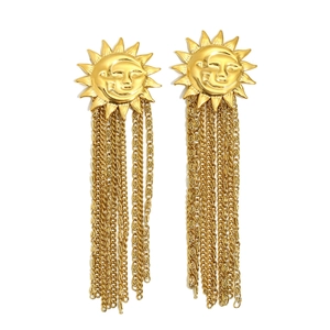 18K gold plated celestial sun face earrings with long elegant chain tassels for women
