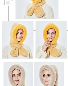 Detail of plush hooded scarf with earflaps in yellow polka dot and beige faux fur