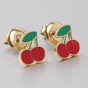 Pair of cherry stud earrings in red and green enamel on gold stainless steel base