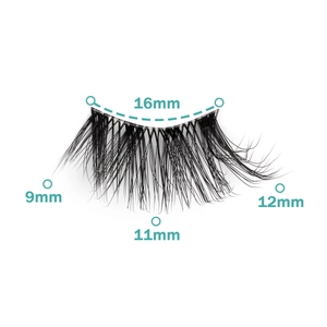 Detailed view of half false eyelashes showing 9mm to 12mm length and 16mm width measurements