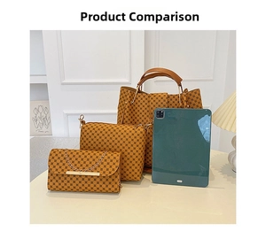 Detailed view of brown quilted handbag set showing tote, crossbody bag and clutch bag