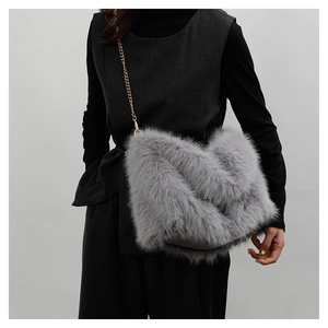 Detail of grey plush shoulder bag featuring premium texture and elegant gold chain strap