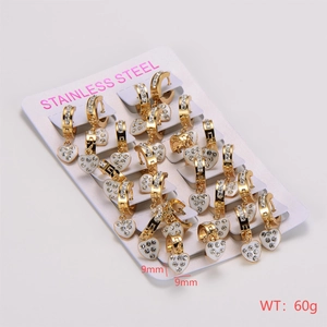 Detailed set of 12 gold stainless steel hoop earrings with crystal heart pendants 9mm