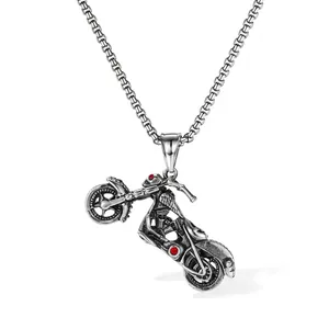 Collier Pendentif Moto Acier Inoxydable Retro Punk Hip Hop Style Industriel Avec Zircon Rouge Pour Hommes