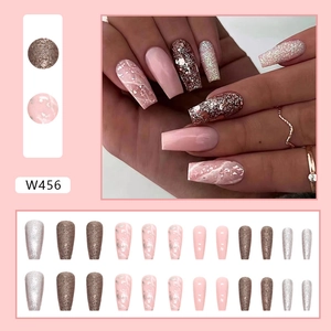 Sparkly champagne marble ballet press-on nails with pink glitter and coffin shape design