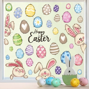 Happy Easter window stickers featuring cartoon bunnies and colorful eggs for home decoration