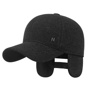 Winter men's wool baseball cap with warm ear flaps and metal letter N decoration