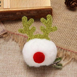 Pince à cheveux renne de Noël avec pompon blanc et bois verts scintillants pour enfants
