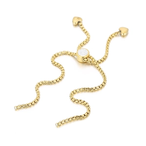 Adjustable gold box chain bracelet with heart charm and sparkling slider clasp