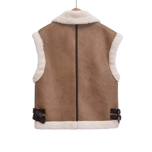 Brown faux suede vest with fleece lining featuring back decorative strap and buckle details