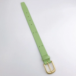 Light green leather phone wrist strap with golden buckle isolated on white background