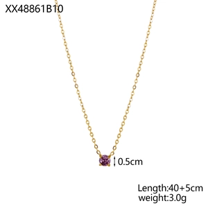 Detail showing 40+5cm golden chain length and 0.5cm round purple gemstone pendant
